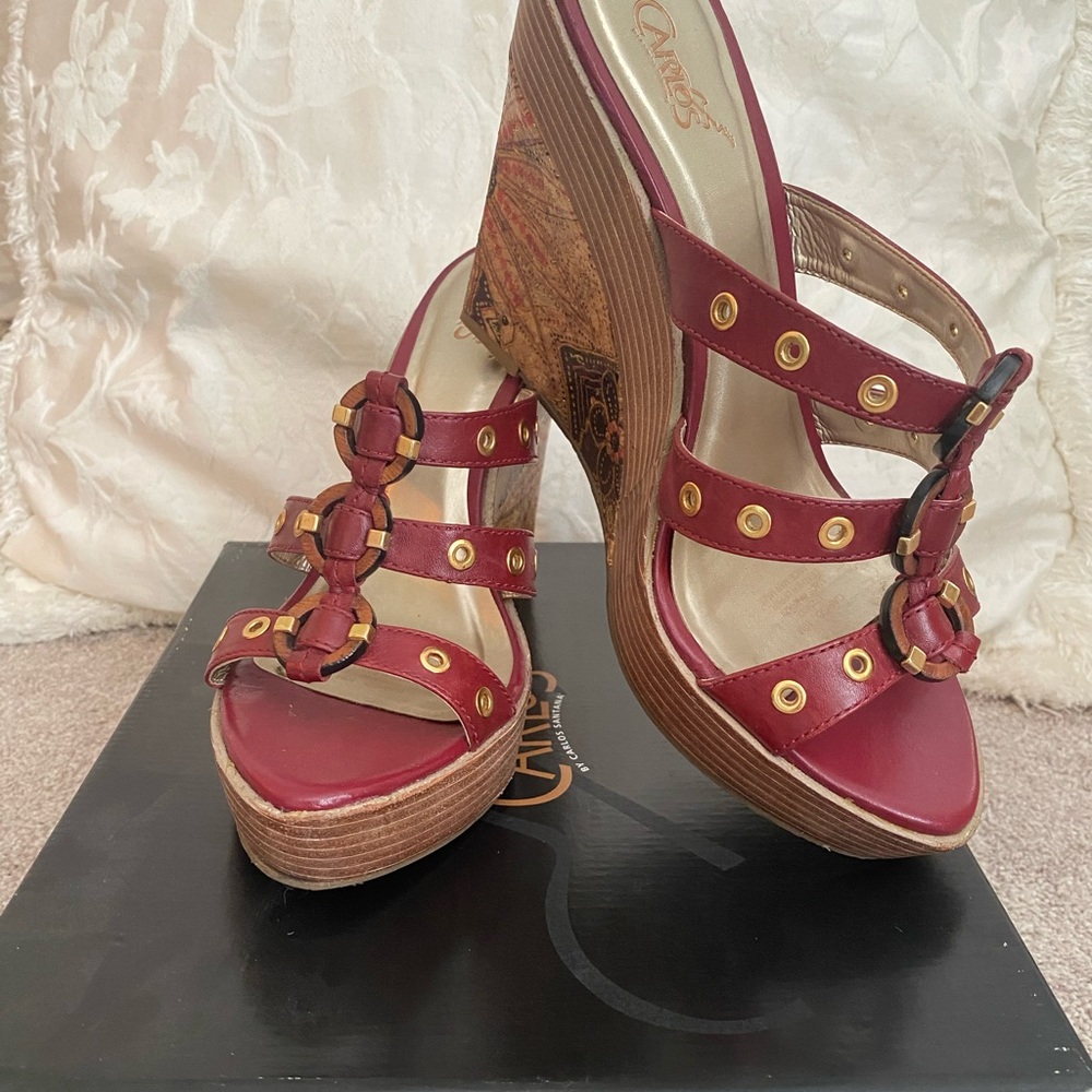 Carlos Santana Cargo Venom-Red Wedge Platform Sandals, Size 10 Gently Used